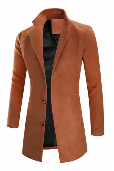 Mens Trench Coat Chic Plain Button up Long Sleeve Notched Lapel Collar Slim Fitted Woolen Trench Coat