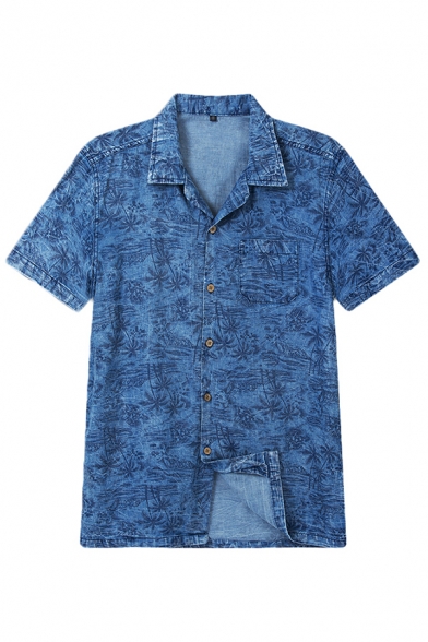 Novelty Mens Blue Shirt Palm Tree Pattern Button-down Short Sleeve Notch Collar Regular Fit Shirt with Chest Pocket