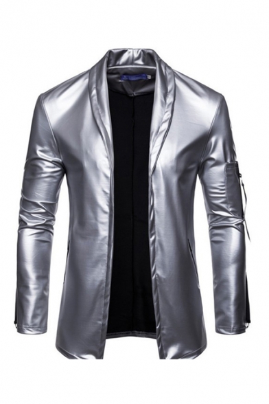 Novelty Mens Jacket Ribbon Detail Stretch PU Cardigan Turn-down Collar Long Sleeve Slim Fitted Leather Jacket