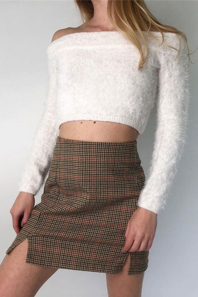 Novelty Womens Khaki Skirt Plaid Pattern Slit Detail Short High Waist Bodycon Skirt