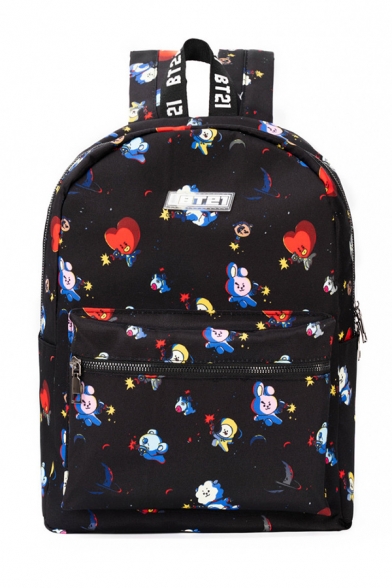 Popular All Over Mixed Cartoon Print Large Capacity Backpack in Black