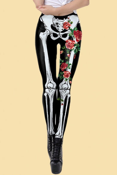 Popular Womens Leggings Floral Skeleton Bones 3D Pattern Skinny Fit Full Length Leggings