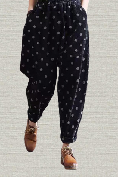 Popular Womens Polka Dot Patterned Corduroy Elastic Waist Rolled Cuffs Ankle Oversize Pants