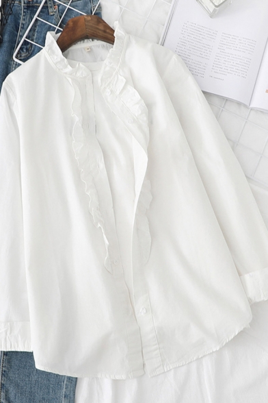 Pretty Girls White Stringy Selvedge Long Sleeve Collarless Button Up Curved Hem Relaxed Fit Shirt Top