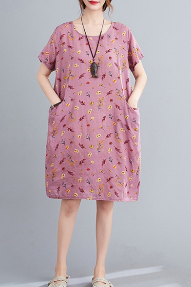 Pretty Womens Ditsy Flower Printed Linen and Cotton Short Sleeve Round Neck Short Shift Dress in Pink
