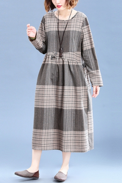 Retro Womens Plaid Printed Long Sleeve Round Neck Linen and Cotton Frog Button Mid Swing Dress