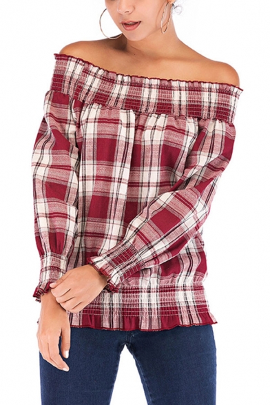 Retro Womens Tartan Printed Ruched Stringy Selvedge Off the Shoulder Long Sleeve Loose Fit Blouse Top in Red