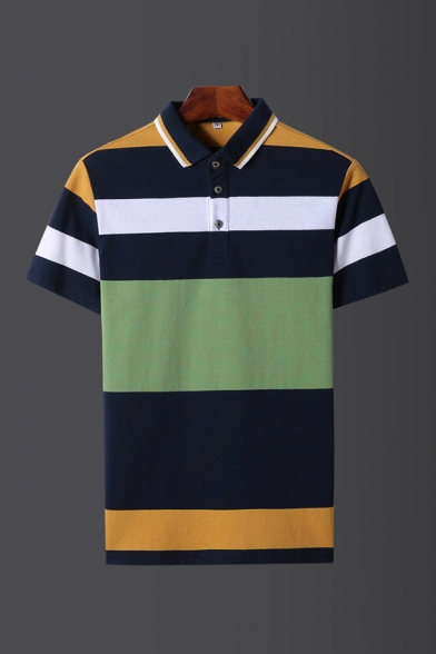 Simple Mens Polo Shirt Color Block Stripe Pattern Button Short Sleeve Spread Collar Fitted Polo Shirt