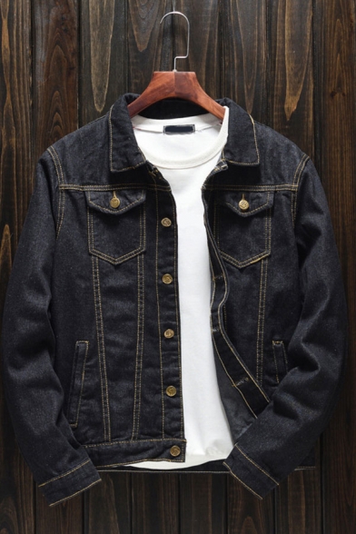 Stylish Jacket Contrast Stitching Multi Pockets Acid Wash Spread Collar Button Fly Regular Fit Long-sleeved Denim Jacket for Men