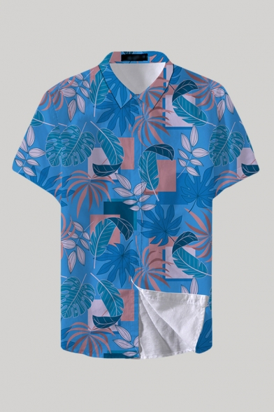 Stylish Shirt Cartoon Floral Leaf Rectangular Block Pattern Button up Regular Fitted Short-sleeved Spread Collar Shirt for Men