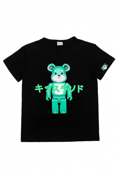Trendy Womens Japanese Letter Bear Graphic Short Sleeve Crew Neck Loose T Shirt