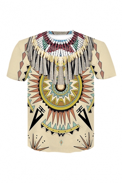 Unique 3D Top Tee Tribal Beads Tassel Stripe Dots Irregular Shape Pattern Regular Fitted Short-sleeved Crew Neck T-Shirt for Men