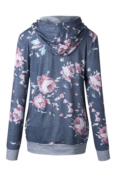 Unique Flower Printed Contrast Stitched Drawstring Hooded Long Sleeve Loose Fit Hoodie for Girls