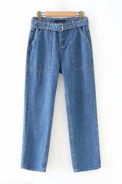 Womens Jeans Blue Fashionable Faded Wash Buckle Belted Large Pockets Zipper Fly Ankle Length Relaxed Fit Tapered Jeans