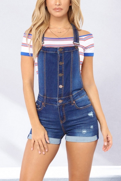 Womens Overalls Shorts Blue Creative Medium Wash Distressed Front Button Detail Rolled Cuffs Slim Fitted Overalls Shorts