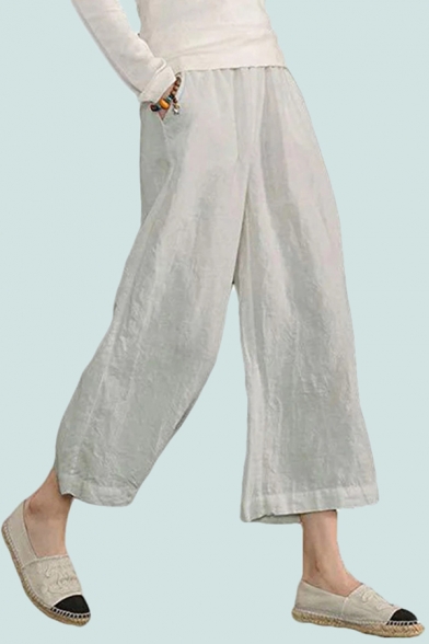 Womens Pants Simple Solid Color Cotton Linen Loose Fitted 7/8 Length Wide-Leg Pants