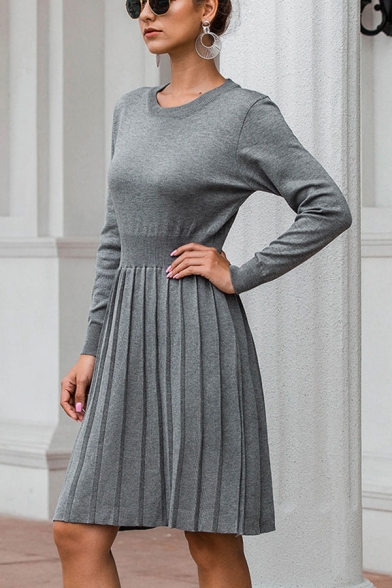 Womens Popular Solid Color Long Sleeve Crew Neck Knitted Midi A 
