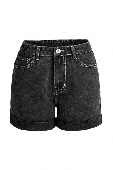 Womens Shorts Black Fashionable Snowflake Wash Rolled Cuffs High Rise Zipper Fly Slim Fitted Denim Shorts
