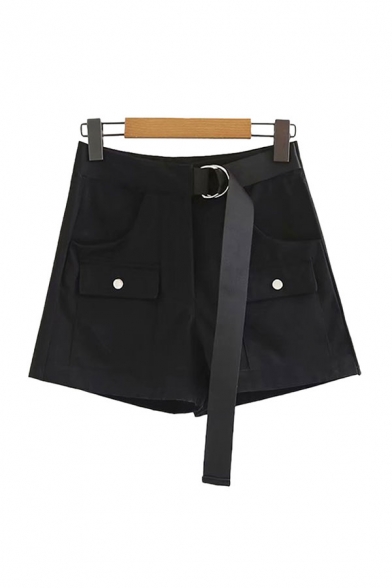 Womens Shorts Chic Flap Pockets A-Line Regular Fitted Relaxed Shorts with Belt