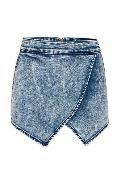 Womens Shorts Stylish Acid Wash Irregular Cross Layer Zipper Back Wide Leg Regular Fitted Denim Shorts