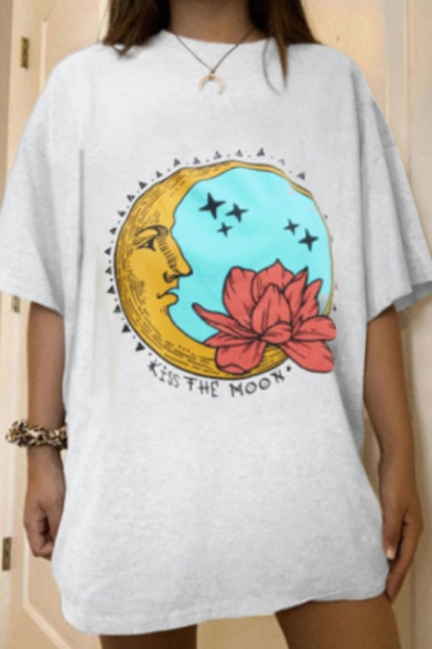 Womens T-Shirt Stylish Flower Crescent Moon Star Letter Kiss the Moon Printed Half Sleeve Crew Neck Relaxed Fit Tunic T-Shirt
