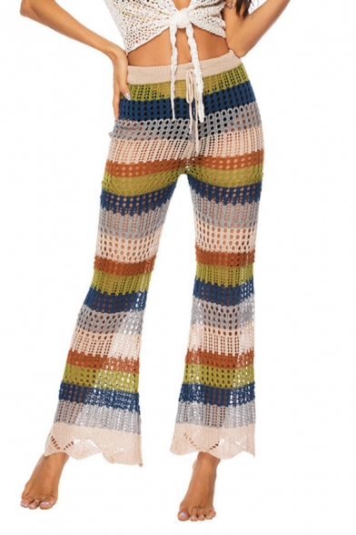Womens Trendy Trousers Multicolored Horizontal Stripe Pattern Knit Flared Full Length High-rise Drawstring Waist Cut-out Trousers