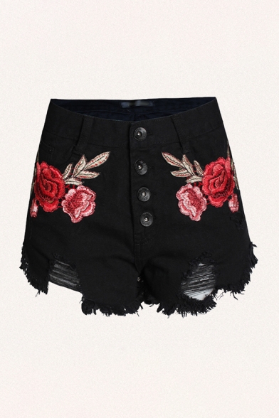 6 Cool Womens Shorts Peony Embroidered Ripped Frayed Cuffs Front Button Detail Regular Fitted A-Line Denim Shorts