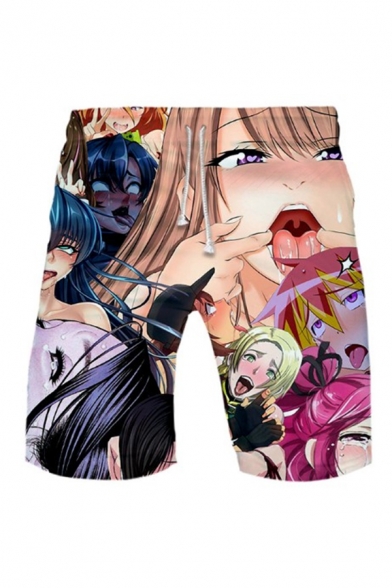 Ahegao Anime Comic Girl 3D Printed Drawstring Waist Cotton Athletic Shorts for Men