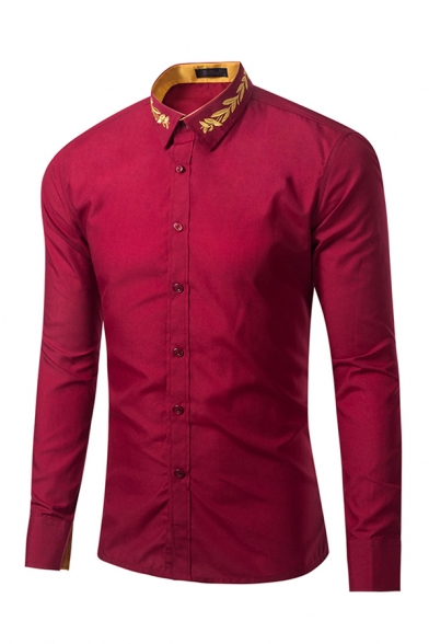 Basic Mens Shirt Leaf Embroidered Point Collar Button up Long Sleeve Slim Fitted Shirt