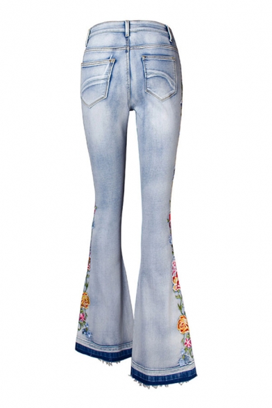 Basic Womens Jeans Light Wash Floral Embroidered Mid Waist Zipper Fly Ankle Length Regular Fit Flare Jeans