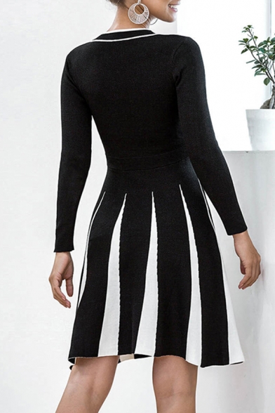 Black & White Unique Color Block Gathered Waist Bow Tie Neck Long Sleeve Short A-Line Sweater Dress for Women