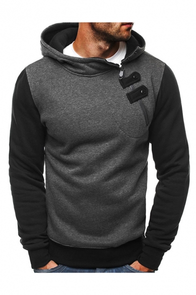 Casual Hooded Sweatshirt Color Block Ribbed Trim Snap Zipper Long-sleeved Slim Fit Hooded Sweatshirt for Men