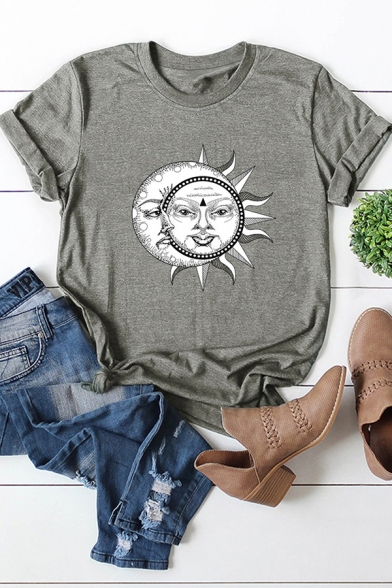 Casual Moon Sun Print Round Neck Roll Up Short Sleeve Loose Fit T-Shirt for Women