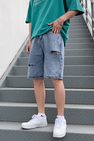 Chic Mens Solid Color Ripped High Rise Knee Length Straight Denim Shorts