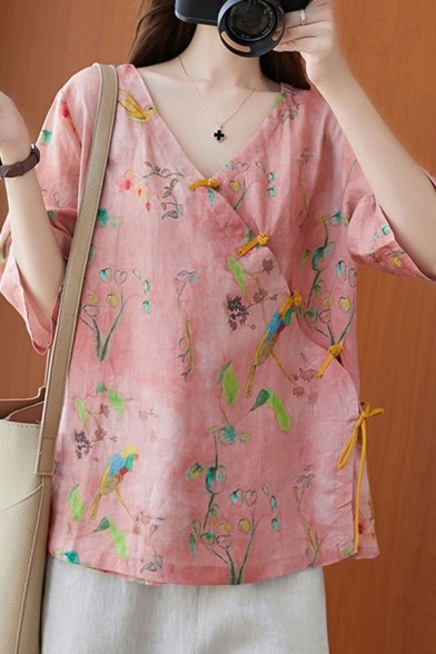 Chic Womens Chinese Style Flower Bird Print Frog Button Placket V Neck Half Sleeve Loose Blouse Top