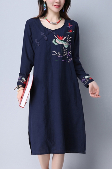 Chinese Style Womens Linen and Cotton Flower Embroidered Long Sleeve Round Neck Frog Button Slit Sides Mid A-line Dress