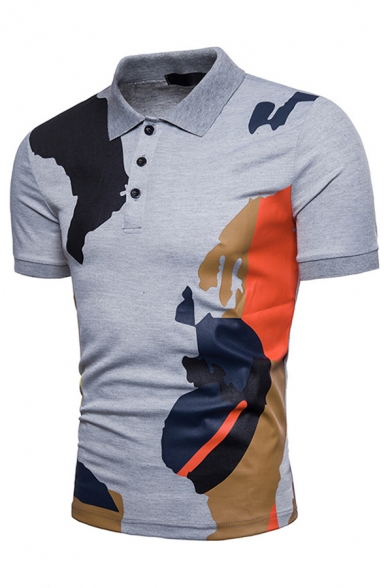 Classic Mens Polo Shirt Multicolored Abstract Painting Turn-down Collar Button Detail Short Sleeve Slim Fit Polo Shirt