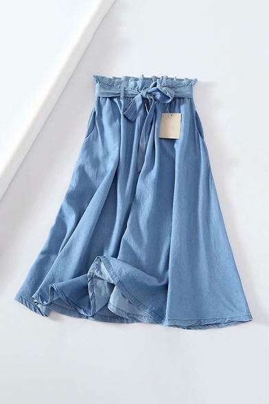 Classic Womens Skirt Solid Color Tencel Denim Bud Tie-Waist High Rise Maxi A-Line Swing Skirt