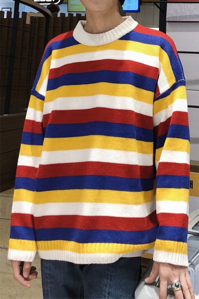 Color Block Striped Turtleneck Long Sleeve Loose Fit Mens Pullover Sweater