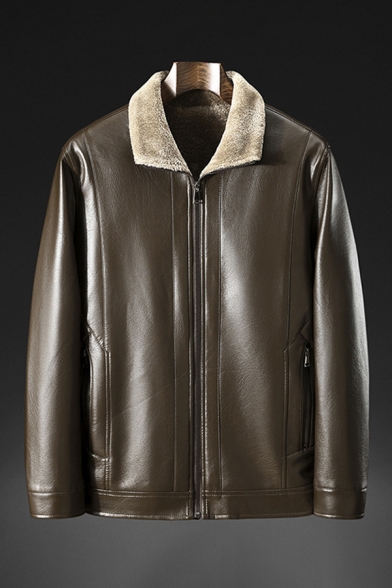 Cool Mens Jacket Fleece Lined Zipper up Turn-down Collar Long Sleeve Regular Fit Leather Jacket