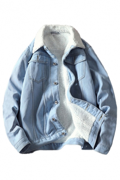Cool Mens Jacket Light Blue Lined Flap Chest Pockets Button up Turn-down Collar Long Sleeve Relaxed Fitted Denim Jacket