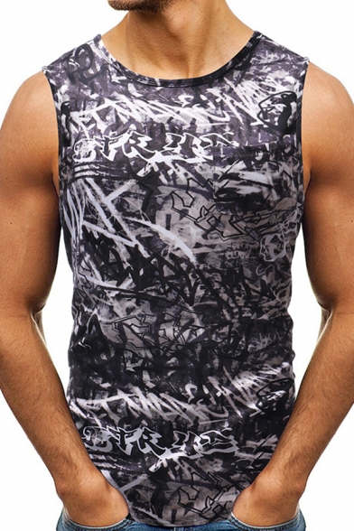 Cool Mens Tank Top Doodle Line Printed Crew Neck Sleeveless Slim Fitted Tank Top