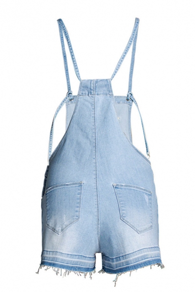 Cool Womens Blue Rompers Faded Wash Knot Strap Button Fly Raw Frayed Cuffs Regular Fitted Denim Rompers