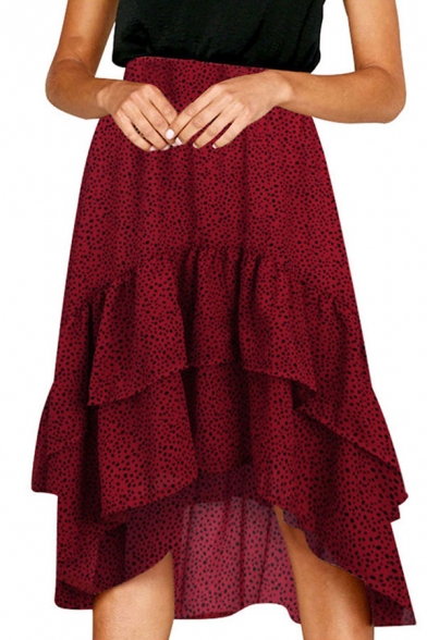Creative Womens Skirt Dot Printed Layered Ruffle Asymmetric Hem Midi A-Line High Waist Swing Skirt