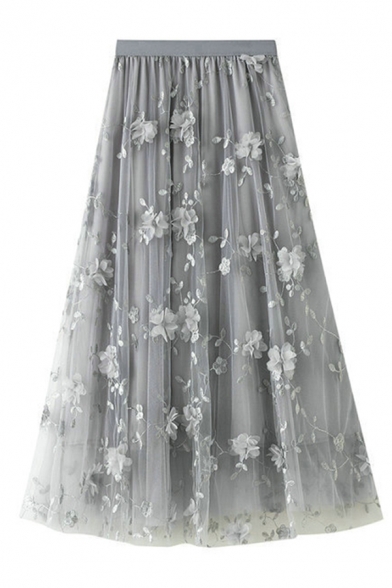 Creative Womens Skirt Gauze Embroidery High Elastic Waist Maxi A-Line Swing Skirt