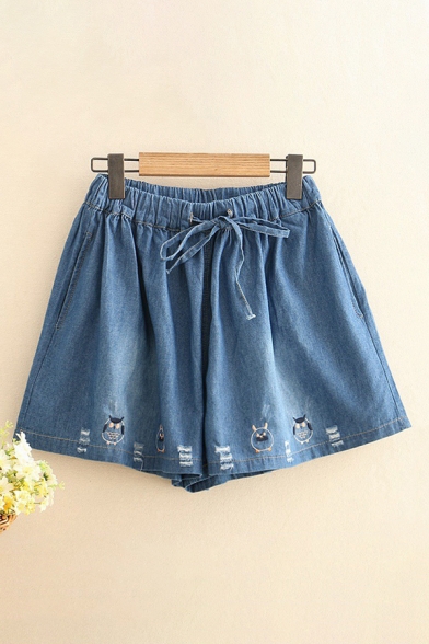 Dressy Womens Shorts Owl Embroidery Pocket Drawstring High Rise Loose Fitted Denim Shorts