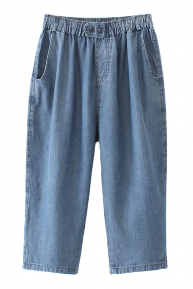 Fancy Pants Light Wash Button Pocket High Waist Elastic Ankle Length Denim Tapered Pants for Ladies
