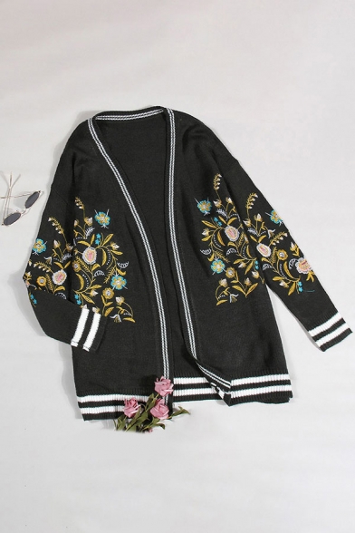 Fashion Womens Flower Embroidered Striped Print Long Sleeve Open Front Loose Knit Cardigan