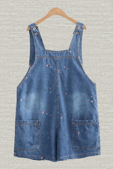 Fashionable Overalls Fish Bubble Embroidery Light Wash Pocket Stitch Button Short Denim Overalls for Ladies