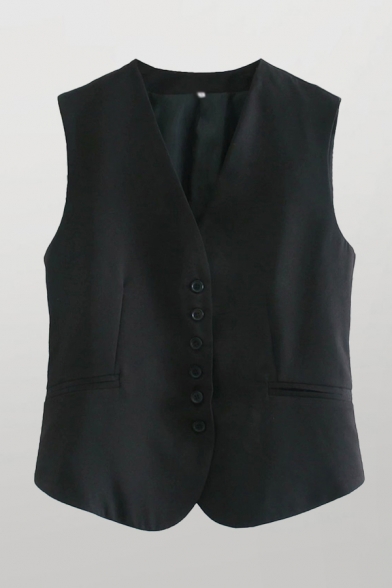 Formal Womens Black Sleeveless V-neck Button Up Relaxed Fit Vest